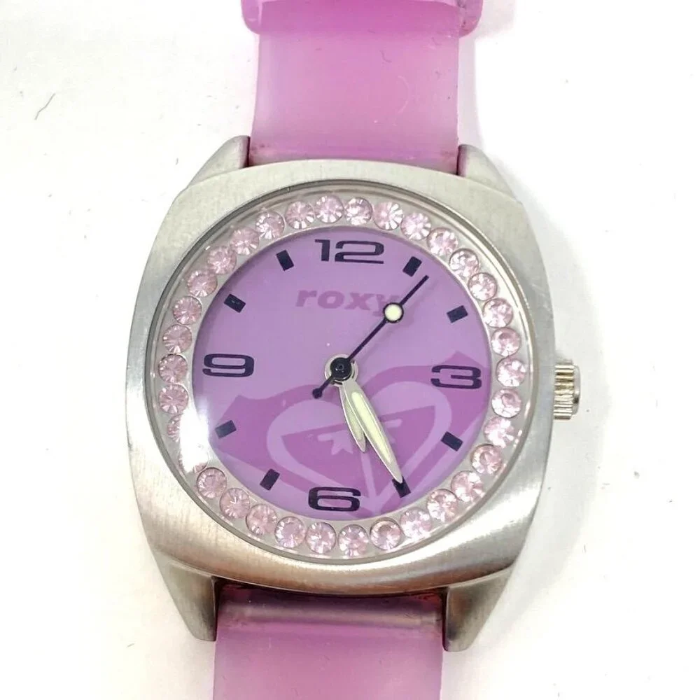Roxy Girls Watch Silicone Band Purple Face Crystal Bezel Stainless Steel Case